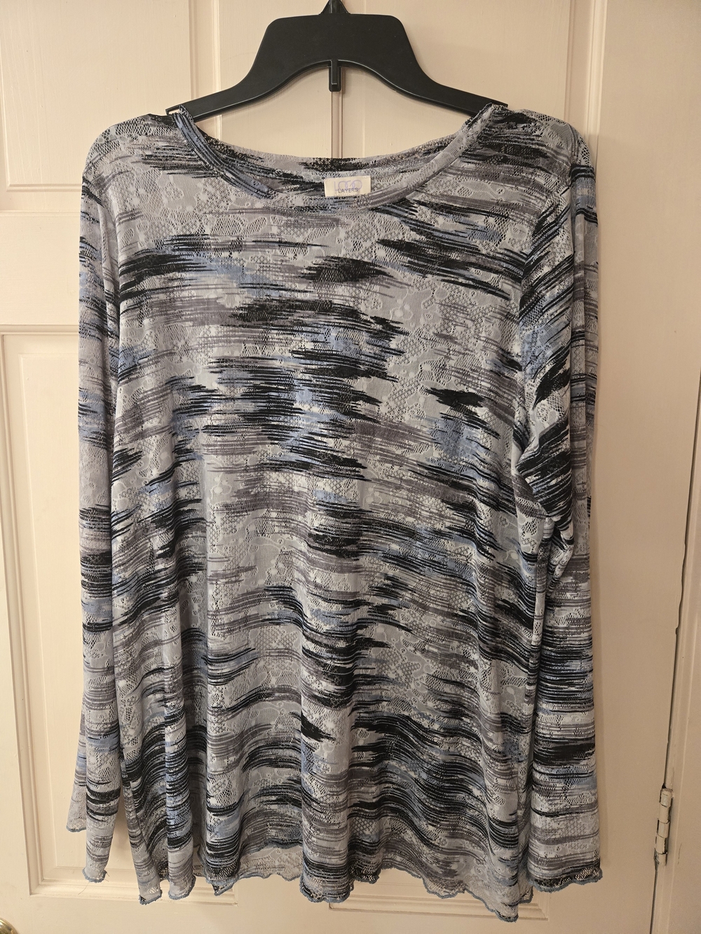 Light Blue and Gray Abstract Print Long-Sleeve Mesh Blouse